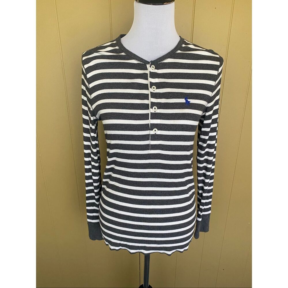 Ralph Lauren women L 4 button stripe longsleeve crew neck shirt grey & white